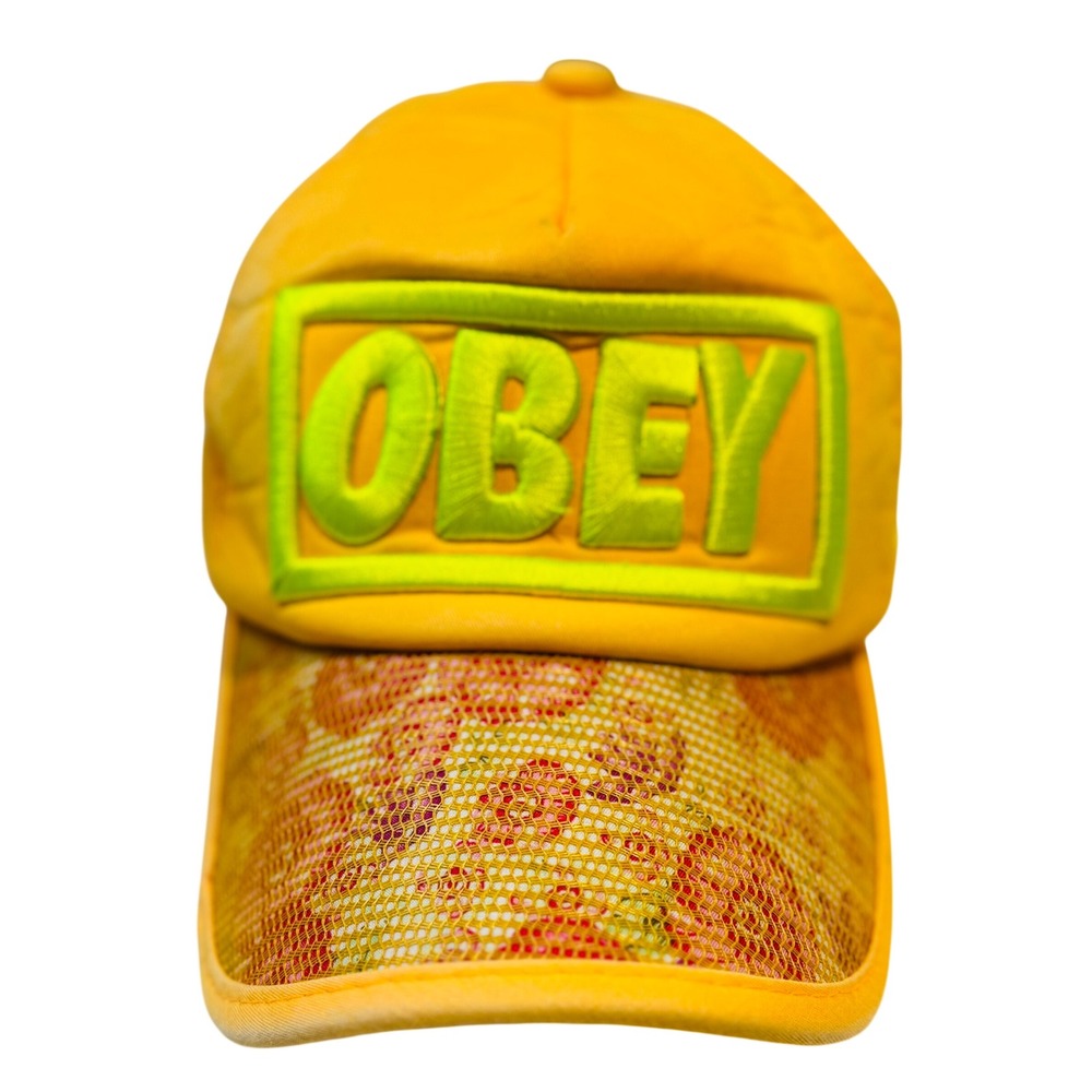 Obey Baseball Cap Floral Mesh Overlay Neon Logo Yellow Womens OSFM Adjustable